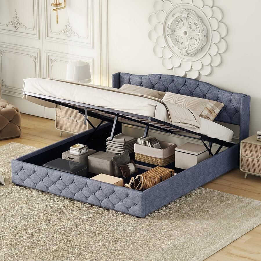 KOMHTOM Tweepersoonsbed Kajuitbed Bed 180x200 cm gestoffeerd met opbergvakken Grijs