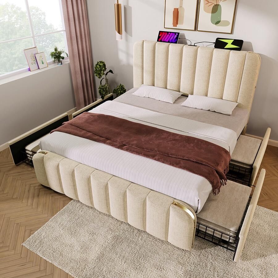 KOMHTOM Tweepersoonsbed met 4 laden 160x200 cm met gouden sierstrepen en USB Type-C oplaadfunctie Bed Beige linnen Hydraulisch campingbed