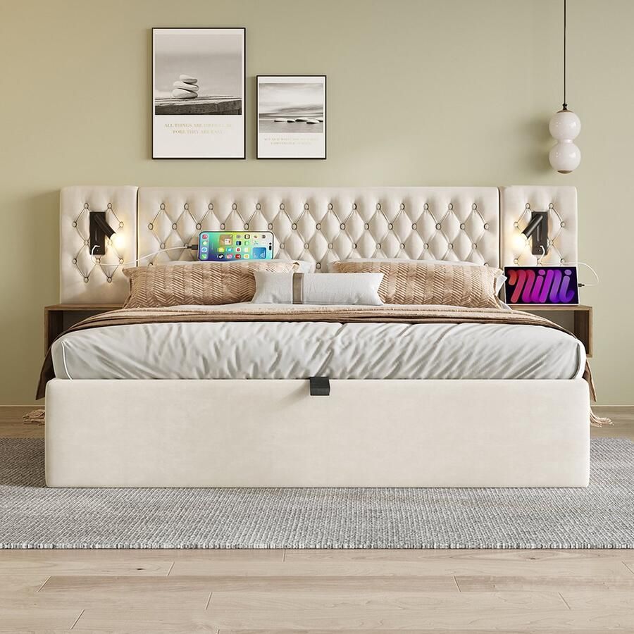 KOMHTOM Tweepersoonsbed met hydraulische opbergruimte 160x200 cm 2 nachtkastjes hoofdbord met leeslampje en USB-opladen Fluweel Beige