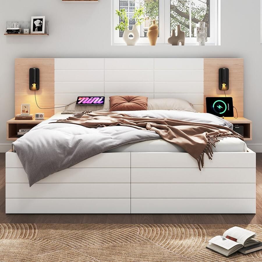 KOMHTOM Tweepersoonsbed met opbergruimte 180 x 200 cm met 2 lades hoofdeinde met leeslampje en USB-oplader inclusief 2 nachtkastjes Wit