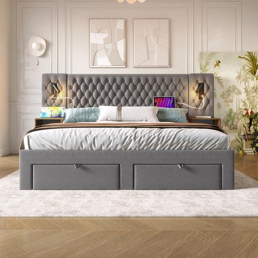 KOMHTOM Tweepersoonsbed met opbergruimte Bed 160x200 cm 2 nachtkastjes en 4 laden hoofdbord met USB-oplader Fluweel Gris