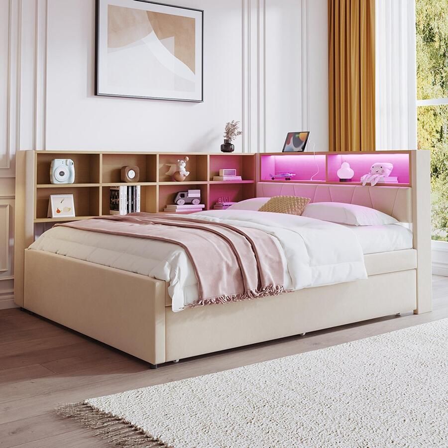 KOMHTOM Tweepersoonsbed slaapbank voor volwassenen 140x200 onderschuifbed 90x190 met USB-aansluiting en talrijke opbergvakken beige