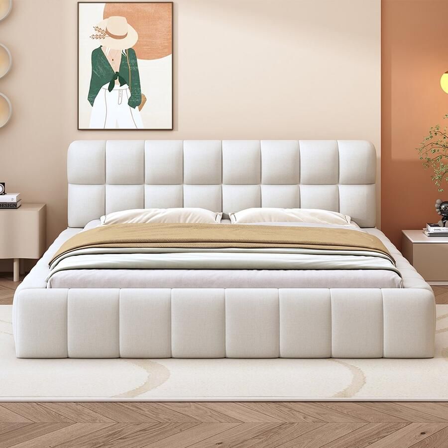 KOMHTOM Tweepersoonsbed Volwassen bed 140 x 200 cm Gestoffeerd frame met zachte rugleuning Linnen Beige