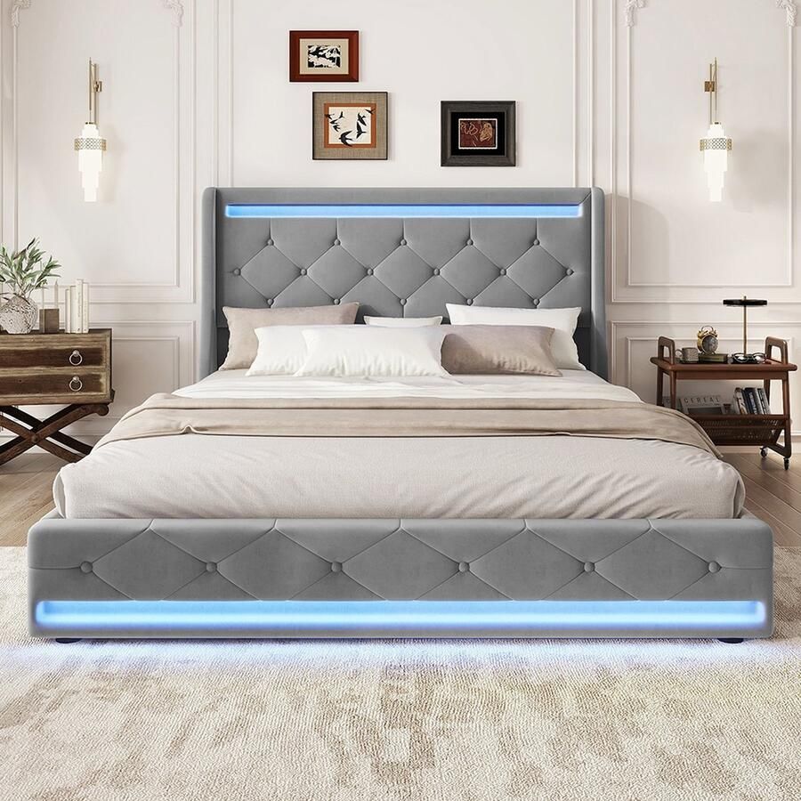 KOMHTOM Tweepersoonsbed Volwassen bed 140 x 200 cm met afstandsbediening Vier laden Fluweel Grijs