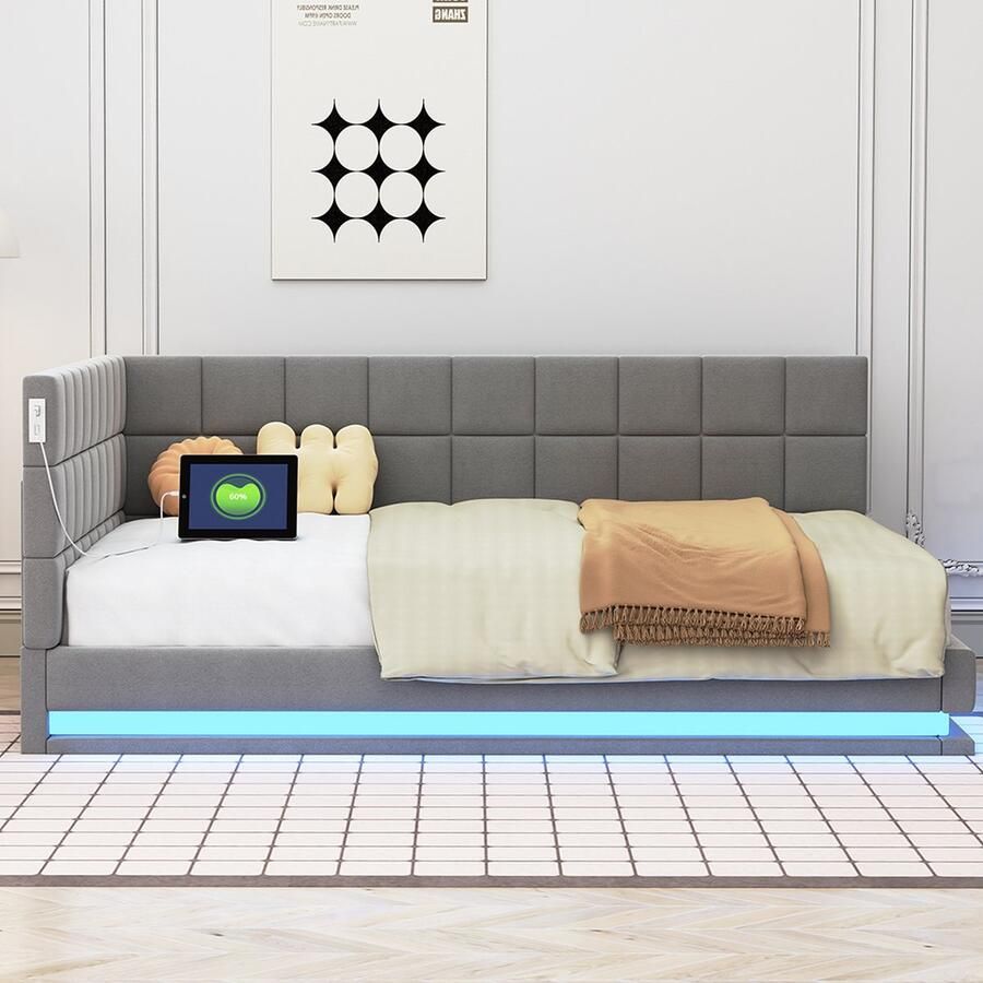 KOMHTOM Tweepersoonsbed Volwassen bed 140 x 200 cm met LED-balk USB-stopcontact en Hout lattenbodem Stof Grijs