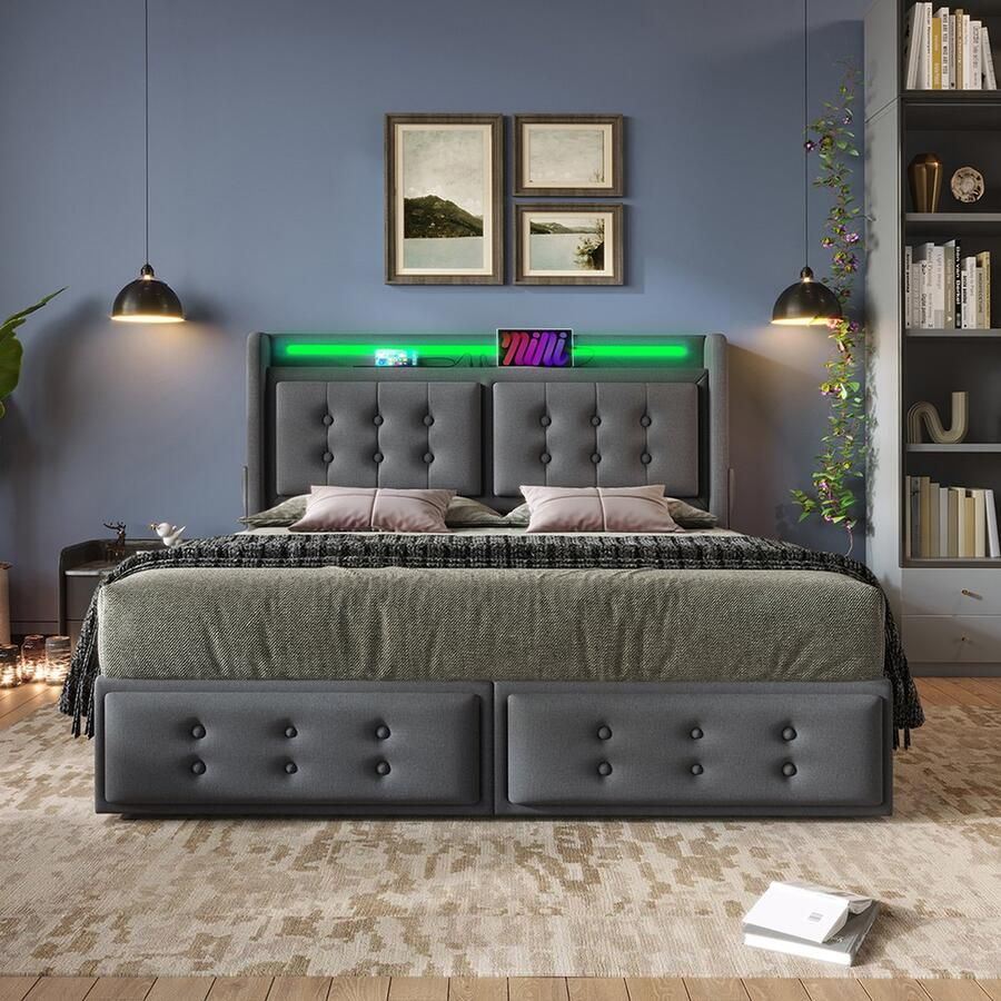 KOMHTOM Tweepersoonsbed Volwassen bed 160x200 met Led-hoofdbord en USB C-oplaadfunctie en 4 laden Linnen Grijs