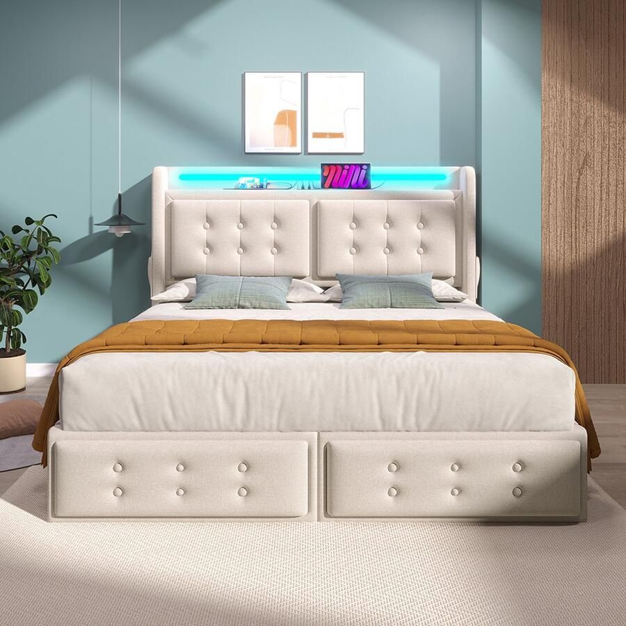 KOMHTOM Tweepersoonsbed Volwassen bed 160x200 met Led-hoofdbord en USB C-oplaadfunctie en 4 laden Linnen Beige