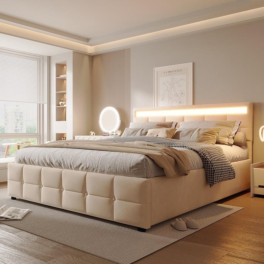 KOMHTOM Tweepersoonsbed Volwassen bed hydraulisch bed 180 x 200 cm met LED verlichting en hout lattenbodem Beige