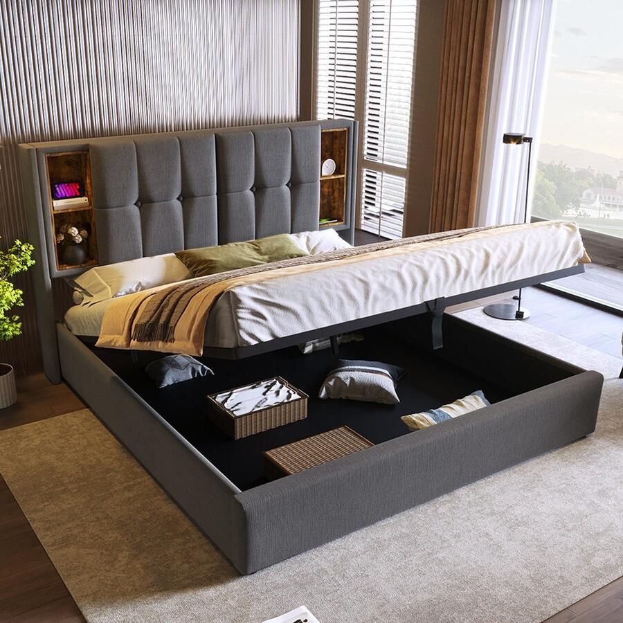 KOMHTOM Tweepersoonsbed Volwassen bed met USB draadloze oplader C bed 160x200cm met opbergruimte Houten lattenbodem Grijs