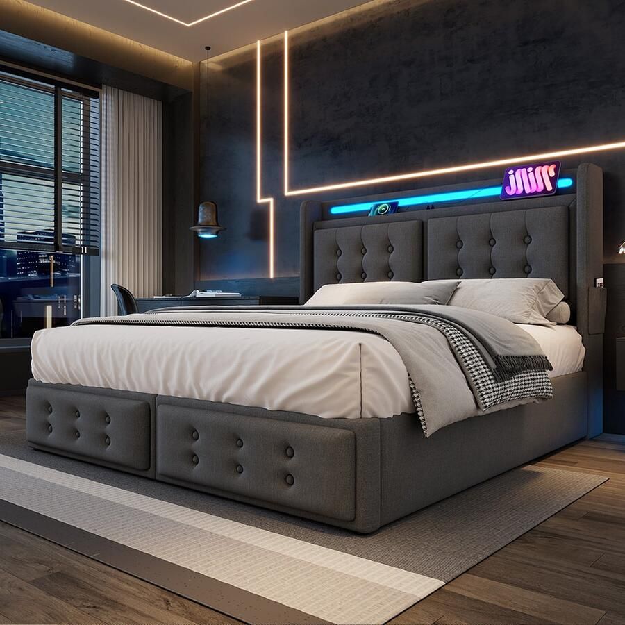 KOMHTOM Tweepersoonsbed Volwassen hydraulisch bed 160x200 cm met Led-hoofdbord en USB C-oplaadfunctie met Lattenbodem Linnen Grijs