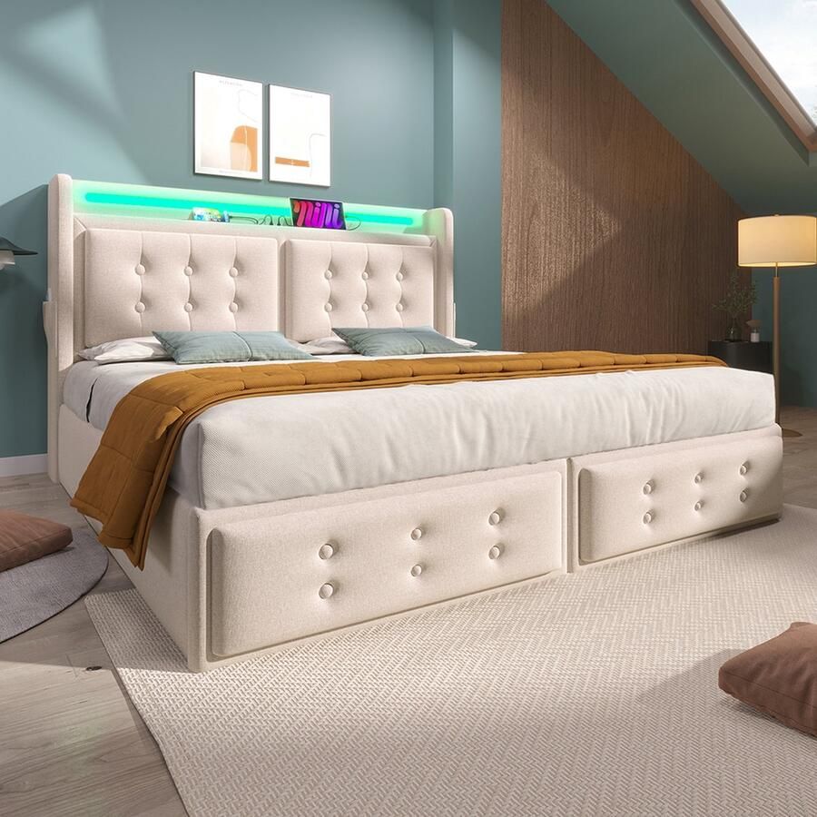 KOMHTOM Tweepersoonsbed Volwassen hydraulisch bed 160x200 cm met Led-hoofdbord en USB C-oplaadfunctie met Lattenbodem Linnen Beige