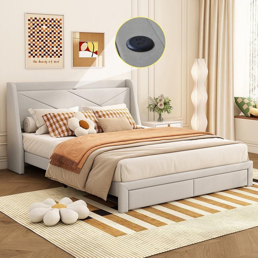 KOMHTOM Tweepersoonsbedden 140x200 cm Bed voor volwassenen Gestoffeerd bed met lade en geïntegreerd opbergvak USB-aansluiting beige