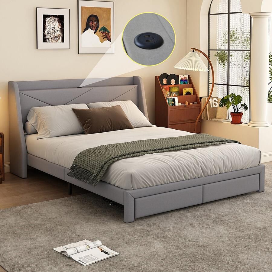 KOMHTOM Tweepersoonsbedden 140x200 cm Bed voor volwassenen Gestoffeerd bed met lade en geïntegreerd opbergvak USB-aansluiting grijs