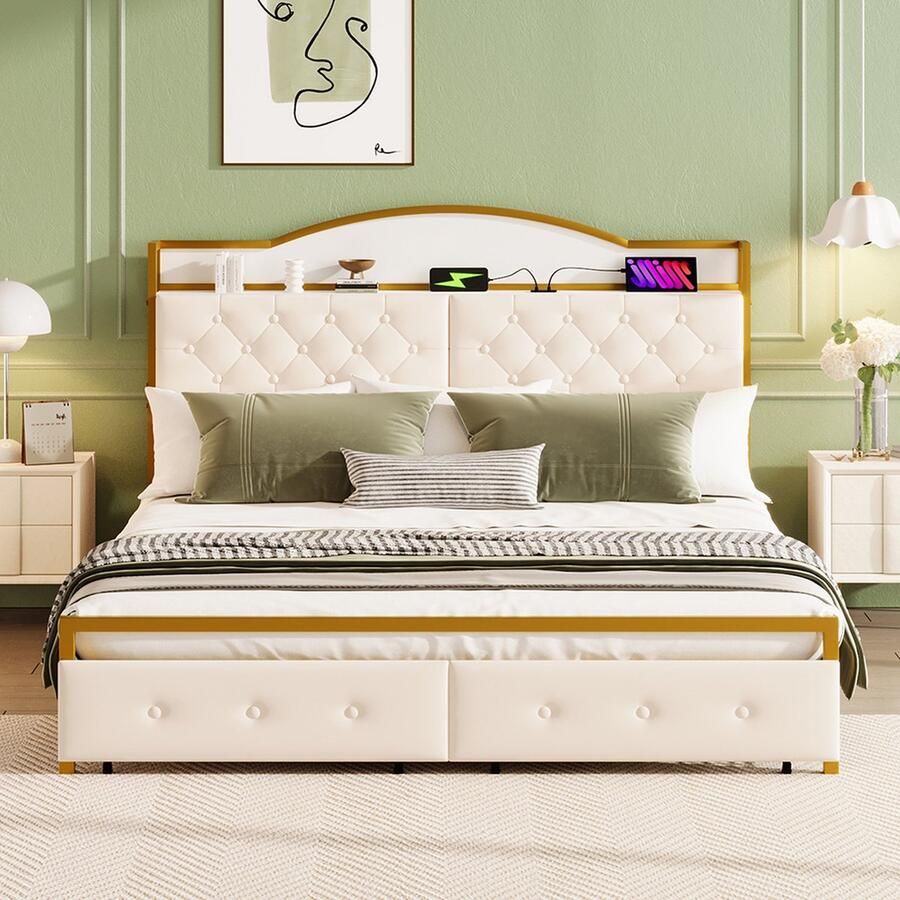 KOMHTOM Tweepersoonsbedden 180x200 cm Bed voor volwassenen opbergvak geïntegreerd in het hoofdeinde USB-aansluiting 2 laden