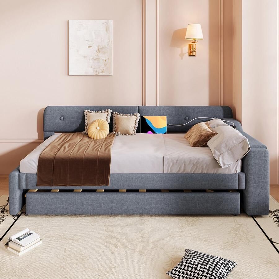 BLACKCOLORS Slaapbank dagbed 90x200cm slaapbank met lattenbodem (zonder matras) met uitschuifbaar uitschuifbed met opklapbaar opbergvak usb+type-c grijs linnen