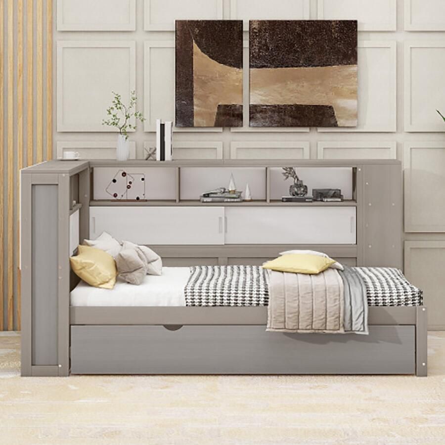 KOMHTOM Volwassenenbed bed Eenpersoonsbed 90x200 cm met onderschuifbed en opbergvak grijs