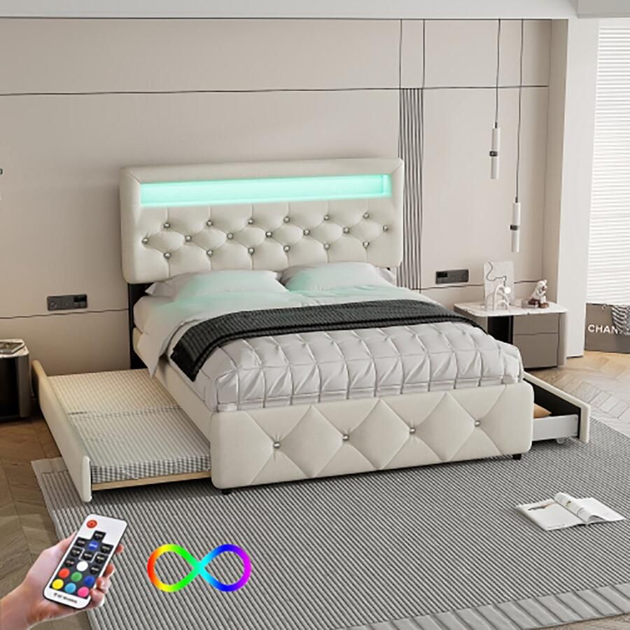 KOMHTOM Volwassenenbed bed Tweepersoonsbed 140x200 cm met onderschuifbed en opbergvak beige