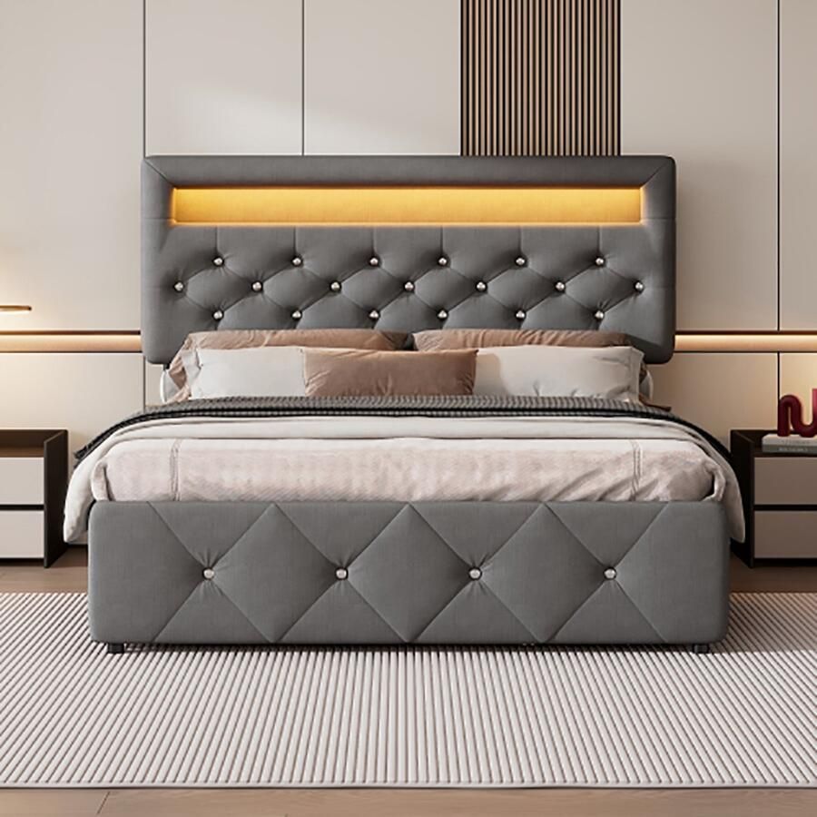 KOMHTOM Volwassenenbed bed Tweepersoonsbed 140x200 cm met onderschuifbed en opbergvak grijs