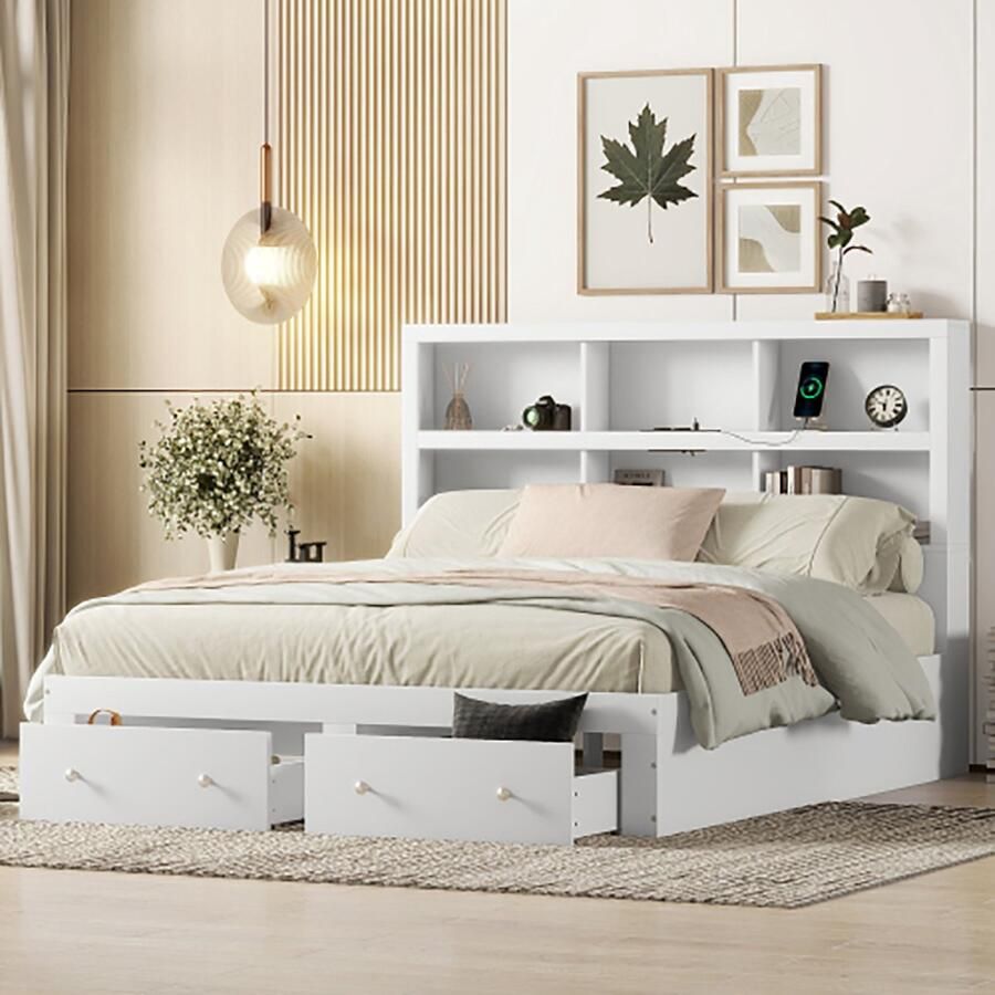 KOMHTOM Volwassenenbed bed Tweepersoonsbed 160x200 cm massief houten kingsize platformbed met twee laden wit