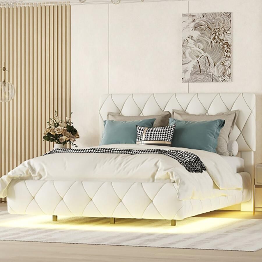 KOMHTOM Volwassenenbed Tweepersoonsbed 140x200 cm gestoffeerde bed met lichte strepen beige