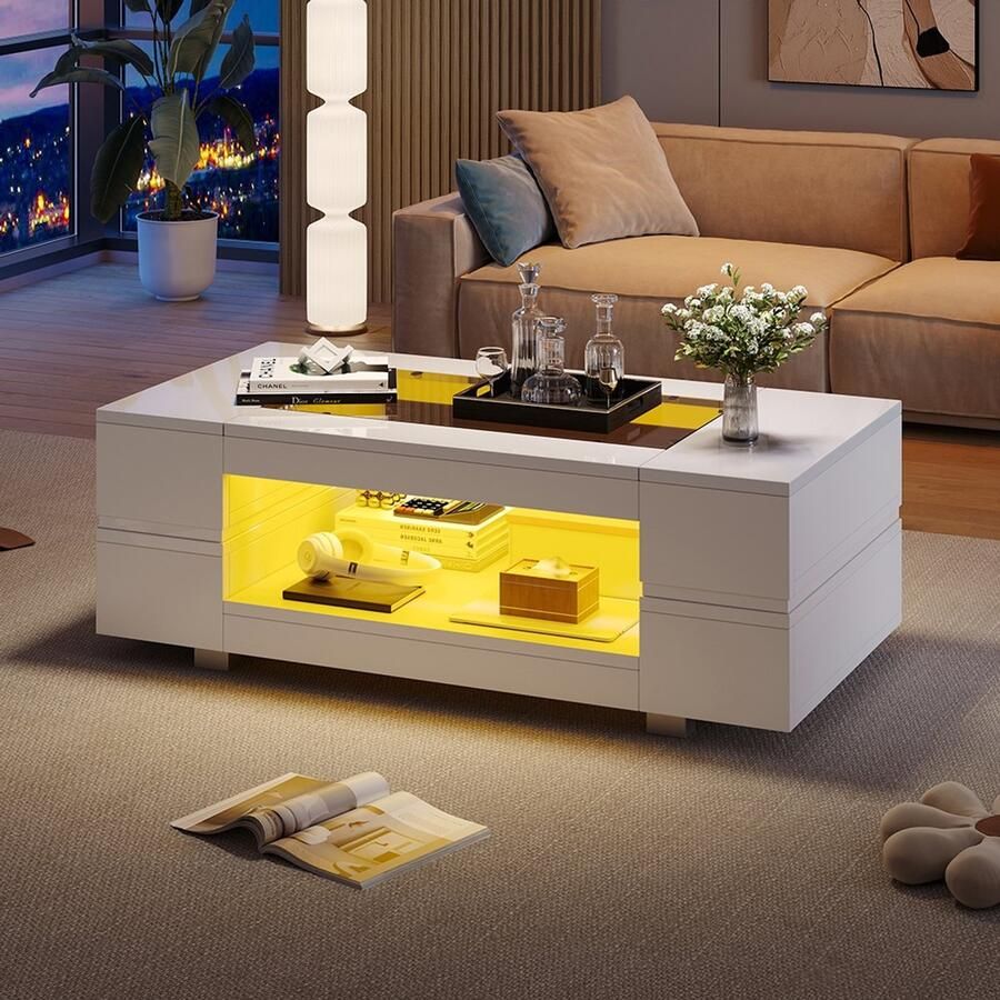 KOMHTOM Witte salontafel met LED-verlichting en bediening via Bluetooth-app salontafel ideaal voor feesten kantoor woonkamer