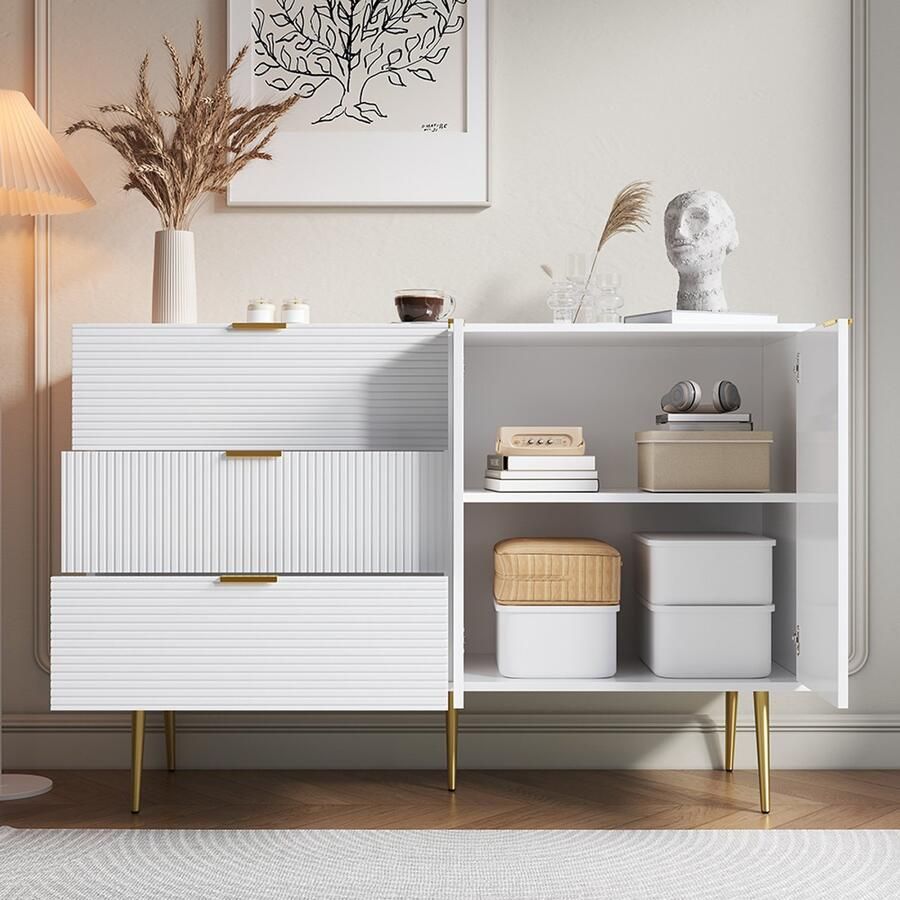 KOMHTOM Woonkamer buffet met deuren en lades binnenplanken commode met gouden handgrepen en poten modern wit