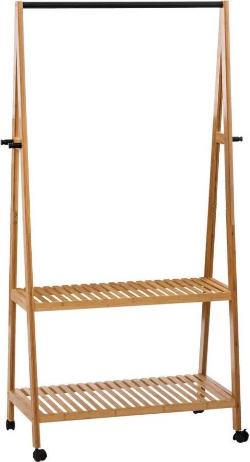 5five Kledingrek met planken en hangstang op wielen bamboe hout lichtbruin B80 x D43 x H163 cm