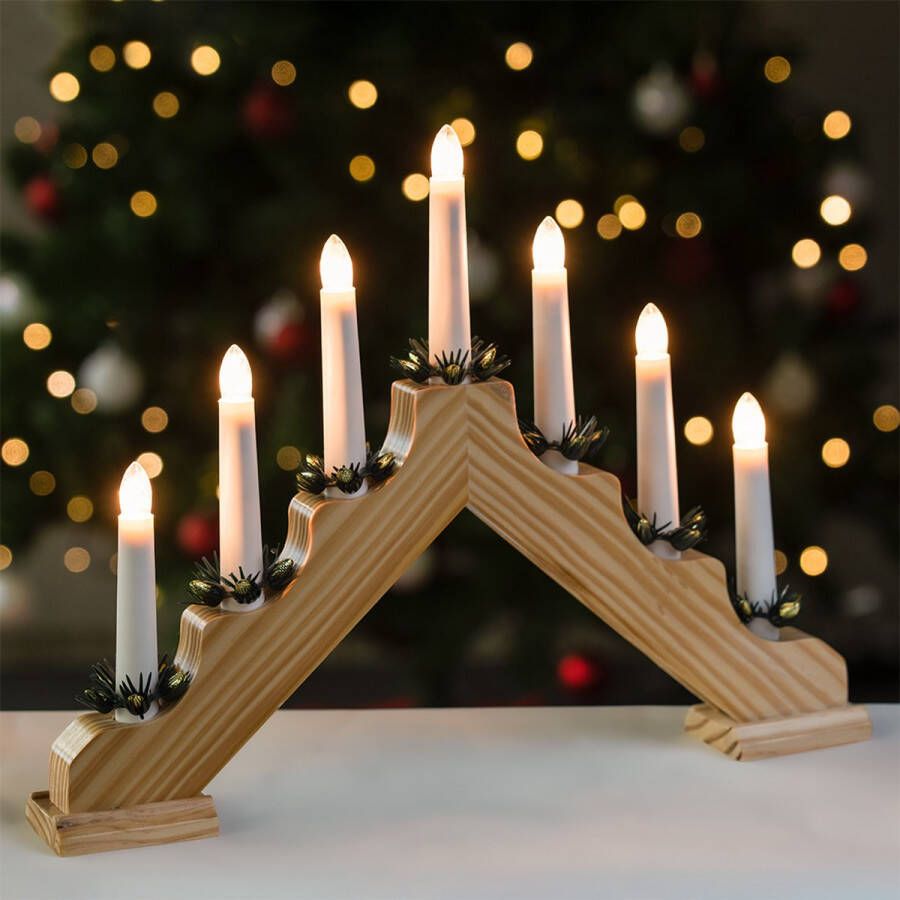 Konstsmide Houten Kerstkandelaar voor binnen 7 kaarsen 2700K warm wit Hout met groen Kaarsenbrug met 7 lampen 30 x 38 cm Kerstverlichting - Foto 2