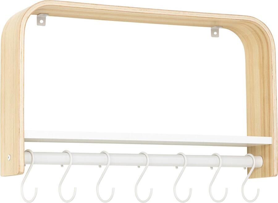 Kosdesign Kos Design Kapstok met Plank Wandkapstok Ruimtebesparend en Stijlvol 60x35x11 cm Hout met Stalen Haakjes Wit Naturel - Foto 2