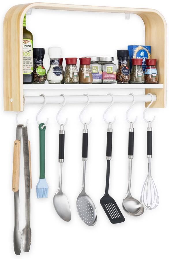 Kosdesign Kos Design Kapstok met Plank Wandkapstok Ruimtebesparend en Stijlvol 60x35x11 cm Hout met Stalen Haakjes Wit Naturel