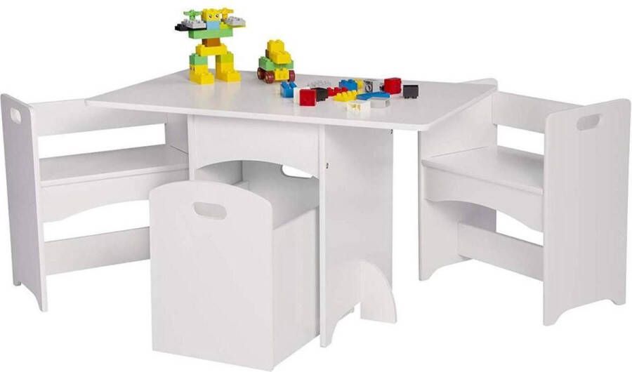 KPW Kindertafel en stoeltjes van hout 1 tafel en 2 stoelen voor kinderen kleur wit met speelgoedkist Kleurtafel speeltafel knutseltafel tekentafel zitgroep set kinder speeltafel kinderzetel stoel kind