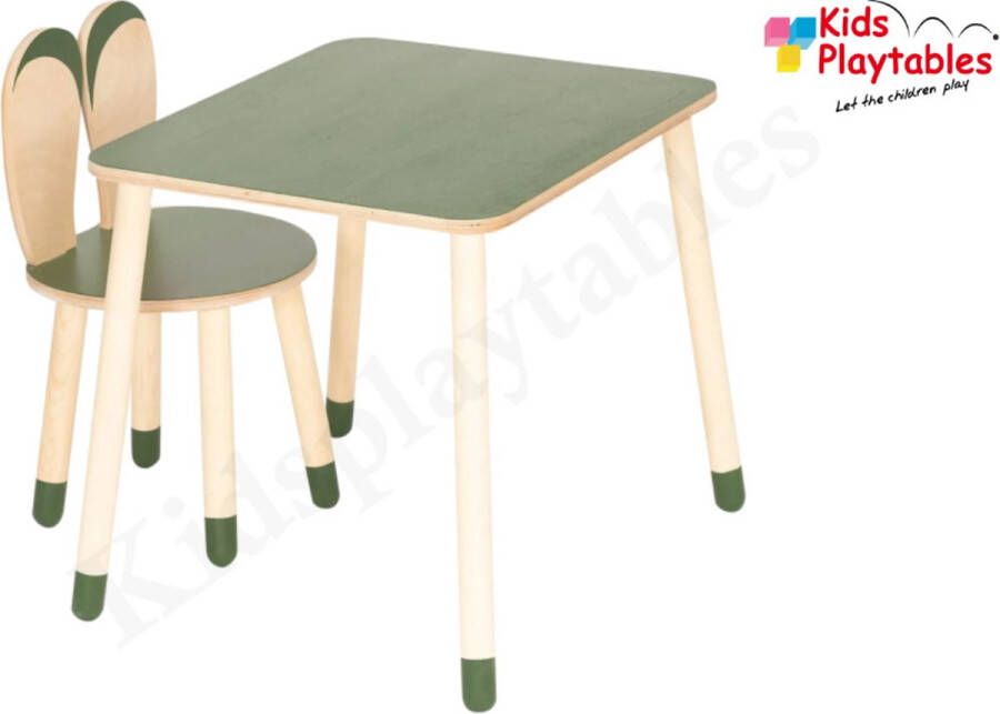 KPW Kindertafel met 1x stoeltje 1 tafel en 1 konijnenoren stoel voor kinderen kleur groen stoeltje konijn Kleurtafel speeltafel knutseltafel tekentafel zitgroep set kinder speeltafel kinderzetel stoel kind