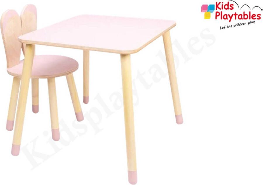 KPW Kindertafel met 1x stoeltje 1 tafel en 1 konijnenoren stoel voor kinderen kleur roze stoeltje konijn Kleurtafel speeltafel knutseltafel tekentafel zitgroep set kinder speeltafel kinderzetel stoel kind