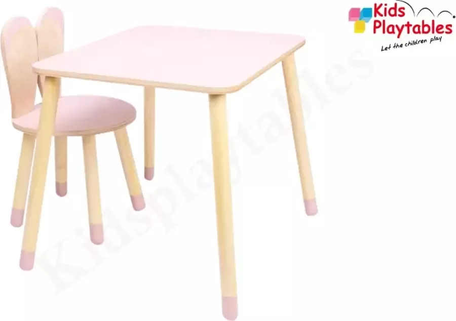 KPW Kindertafel met 1x stoeltje 1 tafel en 1 konijnenoren stoel voor kinderen kleur roze stoeltje konijn Kleurtafel speeltafel knutseltafel tekentafel zitgroep set kinder speeltafel kinderzetel stoel kind