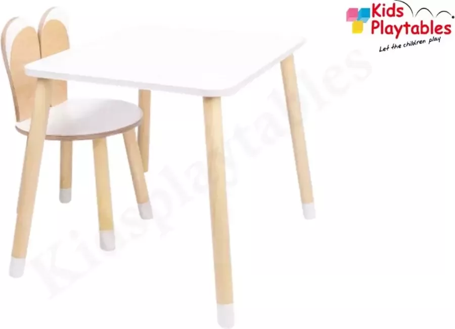 KPW Kindertafel met 1x stoeltje 1 tafel en 1 konijnenoren stoel voor kinderen kleur wit stoeltje konijn Kleurtafel speeltafel knutseltafel tekentafel zitgroep set kinder speeltafel kinderzetel stoel kind