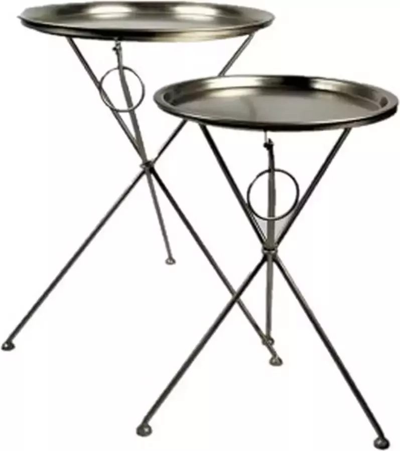 KRAM. Bijzettafel set 2 rond 3-poot inklapbaar afneembaar blad Metaal Ø 48 x 65 cm + Ø 38 x 55 cm| Antique nickel