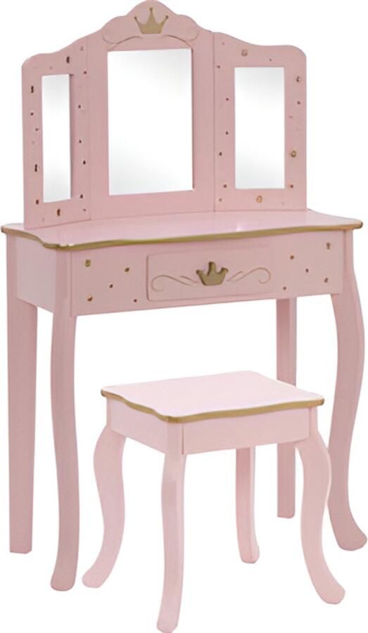 KRIAA HOME Kaptafel Kids met Spiegel en Krukje – Make-up Tafel voor Meisjes – Kinder Kaptafel met Lade – Roze – Speelgoed Kaptafel Meisje