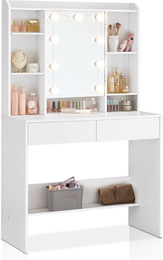 KRIAA HOME Kriaa Luxe Kaptafel Met Spiegel en LED Verlichting Moderne Make up Tafel 9 bulbs MDF- 145x90x40cm 2 lades en 9 vakken