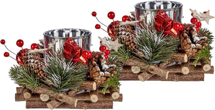 Krist+ Set van 2x stuks kerst thema kaarsenhouders ornamenten red green nature 17 cm kaarsjes branden tafel decoratie