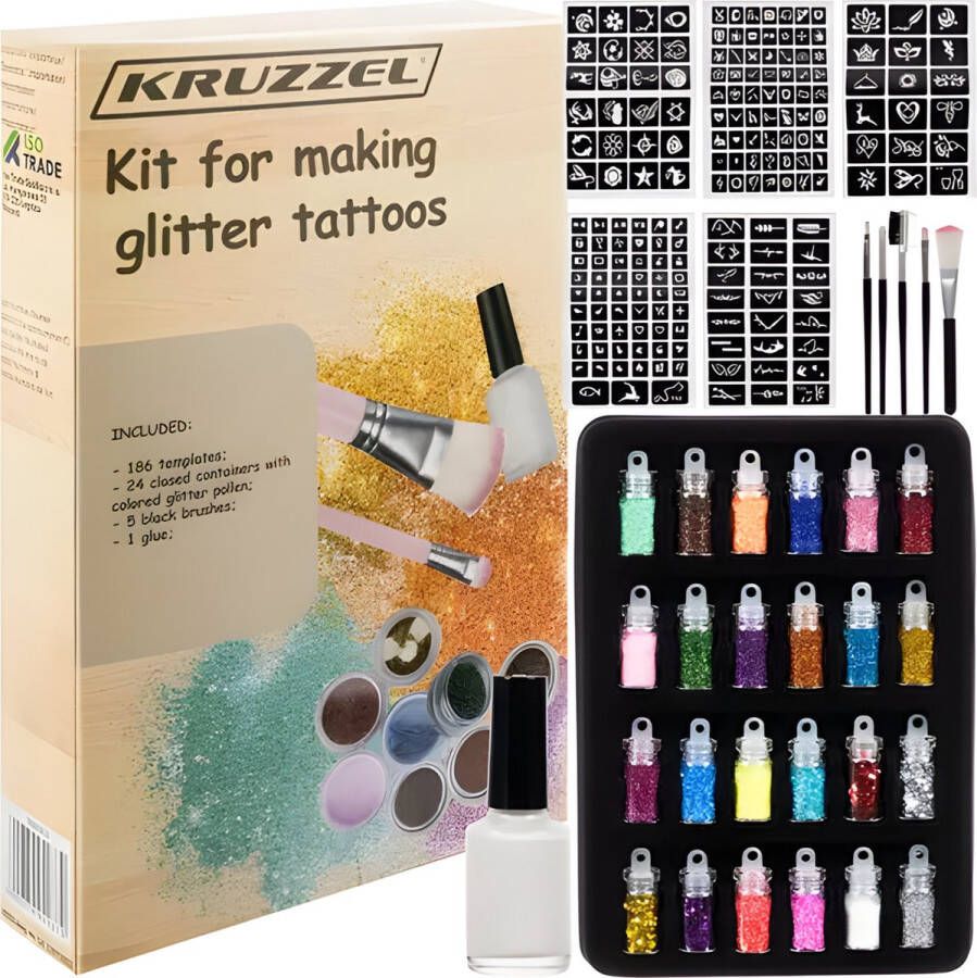 Kruzzel Glitter Tattoo Set 24 Kleuren Sjablonen Lijm Pencelen Kinderen Cadeau Schmink Neptattoos