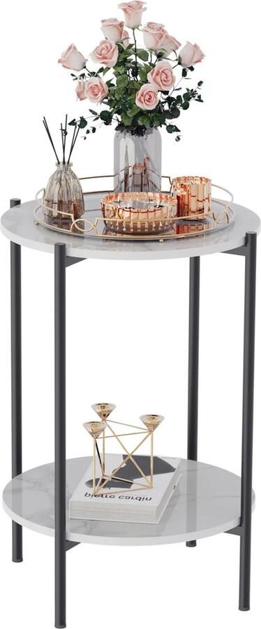 KTN Bijzettafel Koffietafel Nachtkastje Multifunctioneel Huismeubel Zwart Metalen Poten Rond 2 Laags Marmerlook