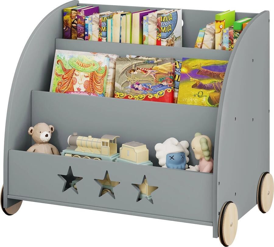 KTN Boekenkast Met Wielen Opbergkast Speelgoedkast Boekenplank Boekenrek Kinderkamer Babykamer 3 Laags Grijs