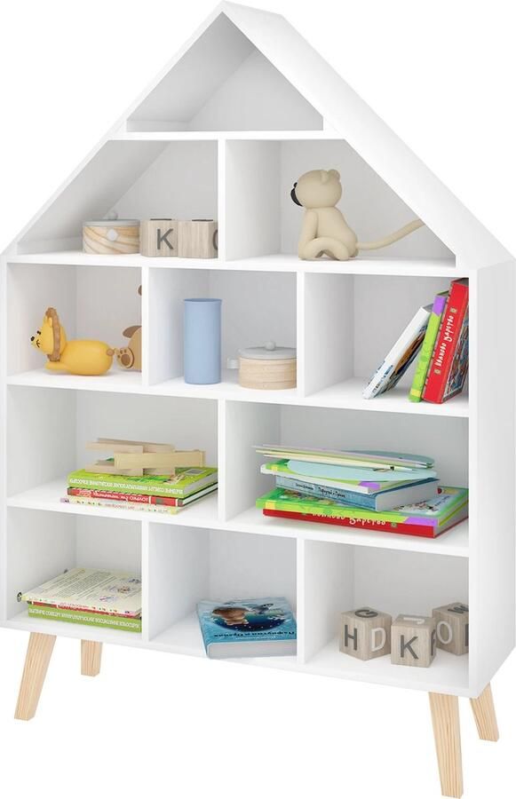 KTN Boekenkast Villa Huis Op Poten Boekenrek Boekenplank Montessori Speelgoed Speelgoedkast Opbergkast Kinderkamer Babykamer Wit