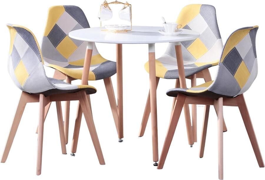 KTN Eetkamerset Ronde Eettafel met 4 Eetkamerstoelen Eethoek Rugleuning Fauteuil Woonkamerstoelen Kuipstoelen Fluwelen Stof Gewatteerde zitting Houten poten Patchwork Patroon Kleurrijk Wit Geel