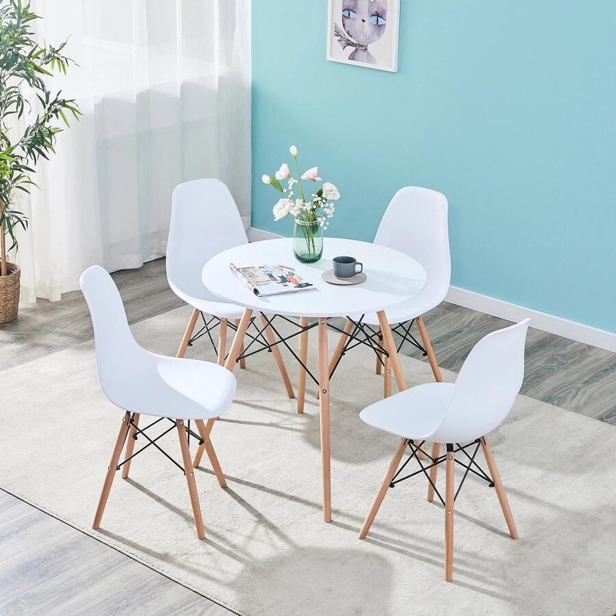 KTN Eetkamerset Ronde Eettafel met 4 Eetkamerstoelen Tafel en Stoelen Eethoek Rugleuning Fauteuil Woonkamerstoelen Kuipstoelen Fluwelen Stof Gewatteerde zitting Houten poten Patchwork Patroon Wit Blauw - Foto 2