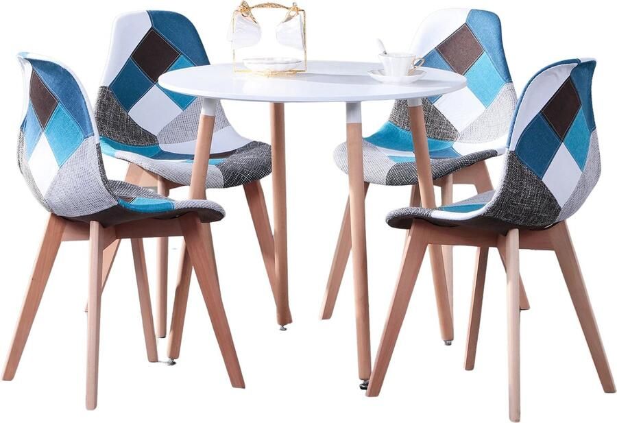 KTN Eetkamerset Ronde Eettafel met 4 Eetkamerstoelen Tafel en Stoelen Eethoek Rugleuning Fauteuil Woonkamerstoelen Kuipstoelen Fluwelen Stof Gewatteerde zitting Houten poten Patchwork Patroon Wit Blauw