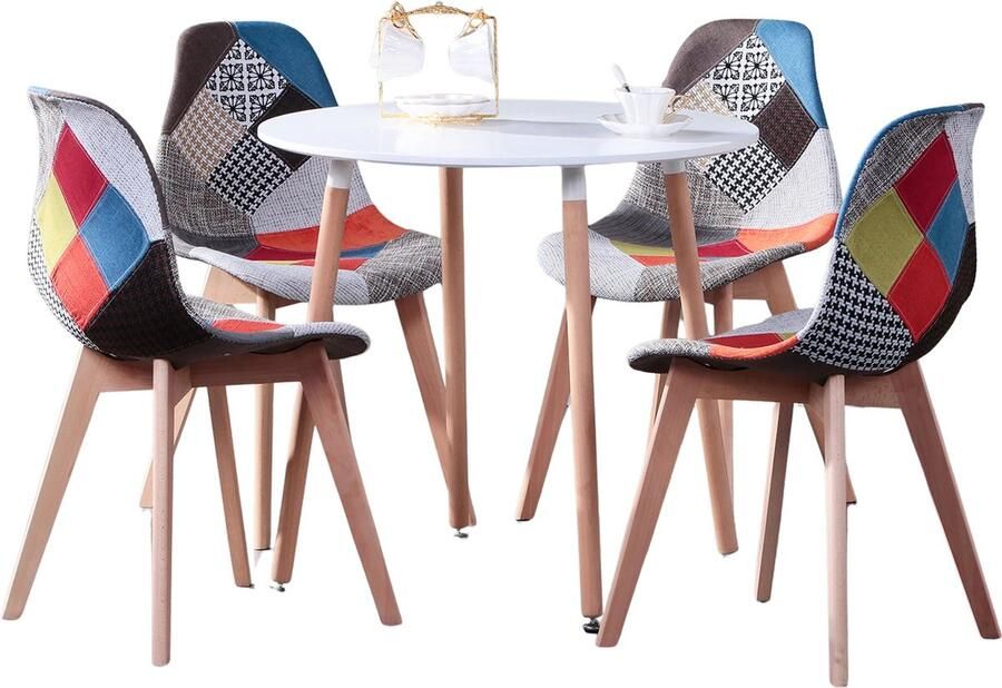 KTN Eetkamerset Ronde Eettafel met 4 Eetkamerstoelen Tafel en Stoelen Eethoek Rugleuning Fauteuil Woonkamerstoelen Kuipstoelen Fluwelen Stof Gewatteerde zitting Houten poten Patchwork Patroon Wit Rood