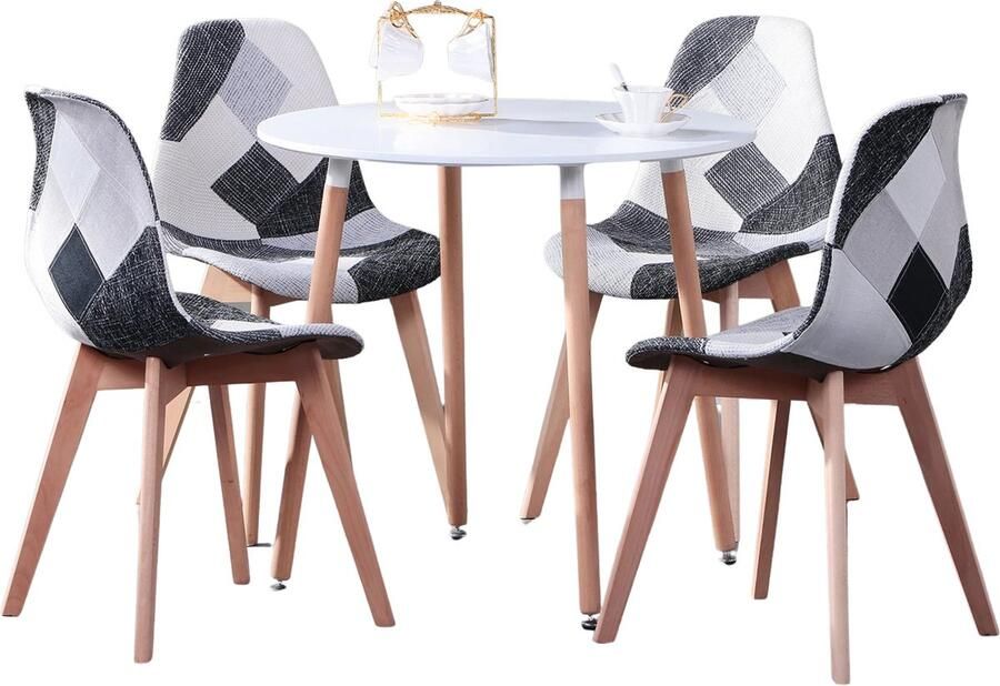 KTN Eetkamerset Ronde Eettafel met 4 Eetkamerstoelen Tafel en Stoelen Eethoek Rugleuning Fauteuil Woonkamerstoelen Kuipstoelen Fluwelen Stof Gewatteerde zitting Houten poten Patchwork Patroon Wit Grijs