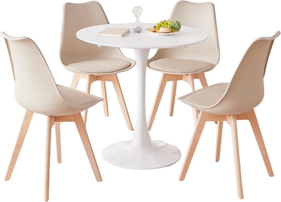 KTN Eetkamerset Ronde Eettafel met 4 Eetkamerstoelen Tafel en Stoelen Eethoek Rugleuning Houten poten Kunststof Wit Kaki