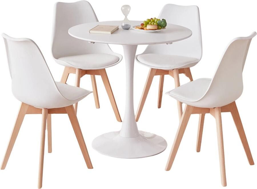 KTN Eetkamerset Ronde Eettafel met 4 Eetkamerstoelen Tafel en Stoelen Eethoek Rugleuning Houten poten Kunststof Wit